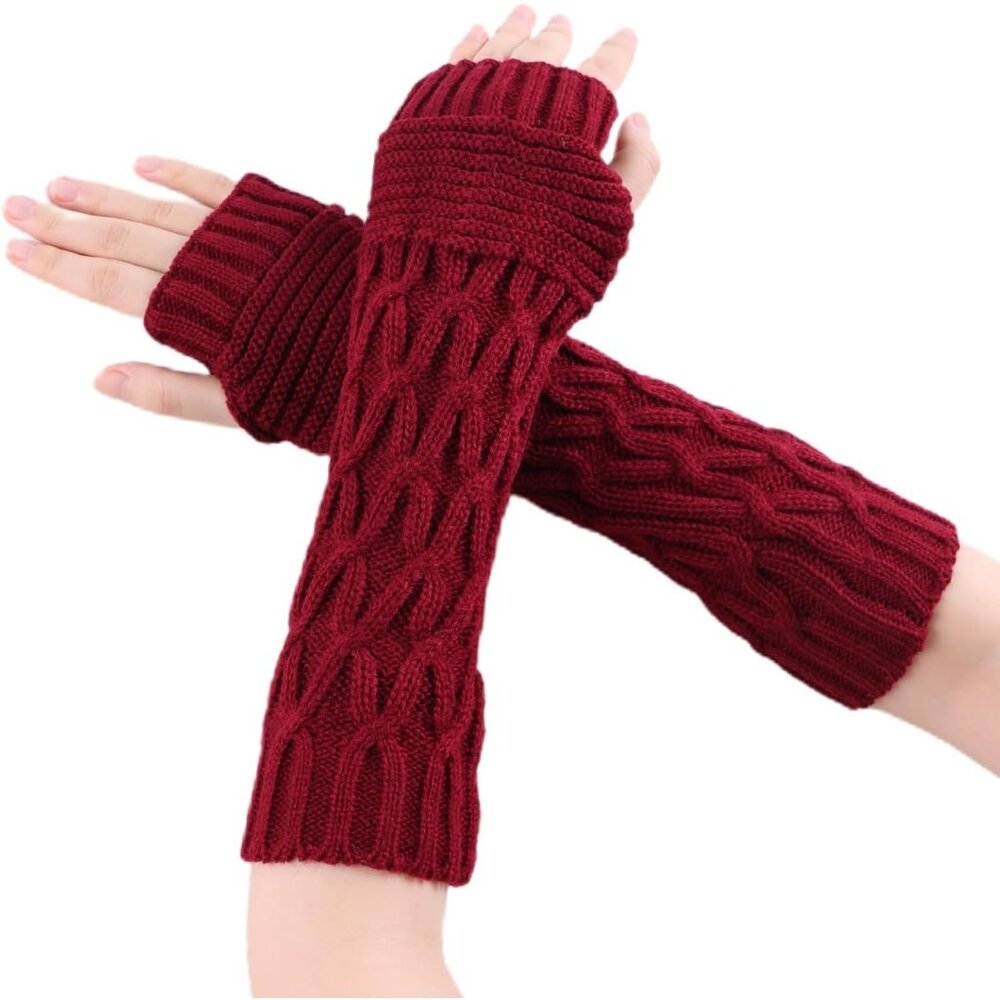 Women's Wine Red Thumb Hole Warm Arm Sleeves Fingerless Wrist Mittens Gloves
